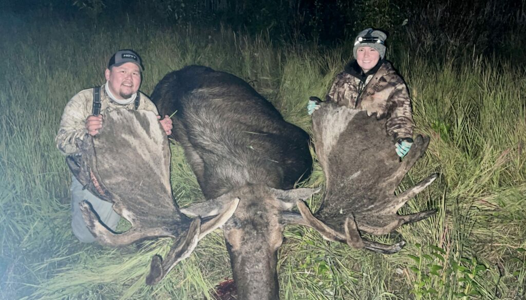 Rebecca and her husband Corey Nicholai moose hunting on Holitna River in 2021.