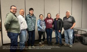 Calista VP of Corporate Affairs Thom Leonard, President/CEO Andrew Guy, and Board member Ron Hoffman with Chair Willie Kasayulie meet with high school students from Bethel, Aniak and Napaskiak.
